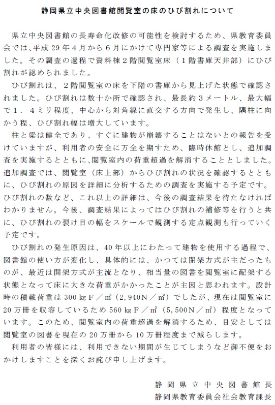 静岡県立中央図書館閲覧室の床のひび割れについて　県立中央図書館の長寿命化改修の可能性を検討するため、県教育委員会では、平成29年４月から６月にかけて専門家等による調査を実施しました。その調査の過程で資料棟2階閲覧室床（1階書庫天井部）にひび割れが認められました。ひび割れは、2階閲覧室の床を下階の書庫から見上げた状態で確認されました。ひび割れは数十か所で確認され、最長約３メートル、最大幅で1．４ミリ程度、中心から対角線に直交する方向で発生し、隅柱に向かう程、ひび割れ幅は増大しています。柱と梁は健全であり、すぐに建物が崩壊することはないとの報告を受けていますが、利用者の安全に万全を期すため、臨時休館とし、追加調査を実施するとともに、閲覧室内の荷重超過を解消することとしました。追加調査では、閲覧室（床上部）からひび割れの状況を確認するとともに、ひび割れの原因を詳細に分析するための調査を実施する予定です。ひび割れの数など、これ以上の詳細は、今後の調査結果を待たなければわかりません。今後、調査結果によってはひび割れの補修等を行うと共に、ひび割れの裂け目の幅をスケールで観測する定点観測も行っていく予定です。　ひび割れの発生原因は、40年以上にわたって建物を使用する過程で、図書館の使い方が変化し、具体的には、かつては閉架方式が主だったものが、最近は開架方式が主流となり、相当量の図書を閲覧室に配架する状態となって床に大きな荷重がかかったことが主因と思われます。設計時の積載荷重は300㎏Ｆ／㎡（2,940Ｎ／㎡）でしたが、現在は閲覧室に20万冊を収容しているため560㎏Ｆ／㎡（5,500Ｎ／㎡）程度となっています。このため、閲覧室内の荷重超過を解消するため、目安としては閲覧室の図書を現在の20万冊から10万冊程度まで減らします。　利用者の皆様には、利用できない期間が生じてしまうなど御不便をおかけしますことを深くお詫び申し上げます。静岡県立中央図書館長静岡県教育委員会社会教育課長
