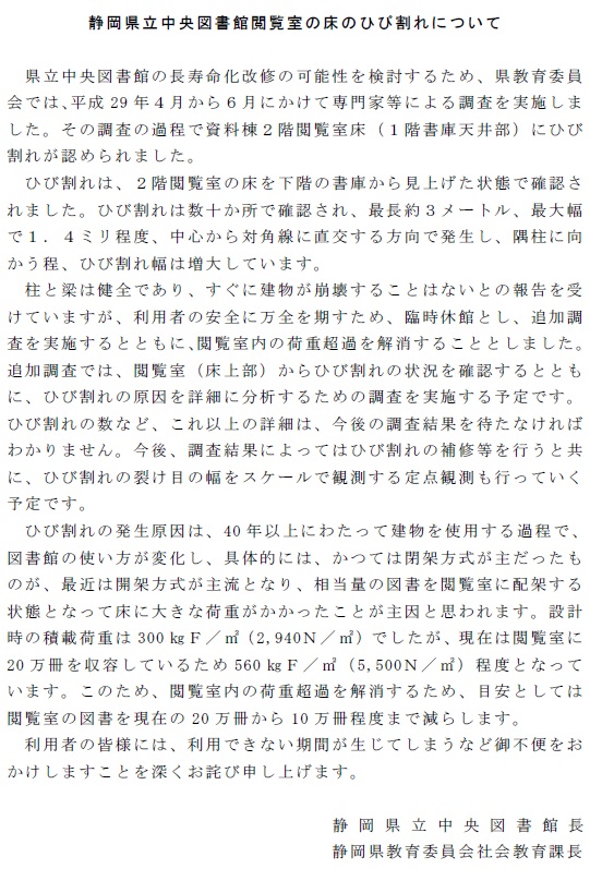 静岡県立中央図書館閲覧室の床のひび割れについて　県立中央図書館の長寿命化改修の可能性を検討するため、県教育委員会では、平成29年４月から６月にかけて専門家等による調査を実施しました。その調査の過程で資料棟2階閲覧室床（1階書庫天井部）にひび割れが認められました。ひび割れは、2階閲覧室の床を下階の書庫から見上げた状態で確認されました。ひび割れは数十か所で確認され、最長約３メートル、最大幅で1．４ミリ程度、中心から対角線に直交する方向で発生し、隅柱に向かう程、ひび割れ幅は増大しています。柱と梁は健全であり、すぐに建物が崩壊することはないとの報告を受けていますが、利用者の安全に万全を期すため、臨時休館とし、追加調査を実施するとともに、閲覧室内の荷重超過を解消することとしました。追加調査では、閲覧室（床上部）からひび割れの状況を確認するとともに、ひび割れの原因を詳細に分析するための調査を実施する予定です。ひび割れの数など、これ以上の詳細は、今後の調査結果を待たなければわかりません。今後、調査結果によってはひび割れの補修等を行うと共に、ひび割れの裂け目の幅をスケールで観測する定点観測も行っていく予定です。　ひび割れの発生原因は、40年以上にわたって建物を使用する過程で、図書館の使い方が変化し、具体的には、かつては閉架方式が主だったものが、最近は開架方式が主流となり、相当量の図書を閲覧室に配架する状態となって床に大きな荷重がかかったことが主因と思われます。設計時の積載荷重は300㎏Ｆ／㎡（2,940Ｎ／㎡）でしたが、現在は閲覧室に20万冊を収容しているため560㎏Ｆ／㎡（5,500Ｎ／㎡）程度となっています。このため、閲覧室内の荷重超過を解消するため、目安としては閲覧室の図書を現在の20万冊から10万冊程度まで減らします。　利用者の皆様には、利用できない期間が生じてしまうなど御不便をおかけしますことを深くお詫び申し上げます。静岡県立中央図書館長静岡県教育委員会社会教育課長